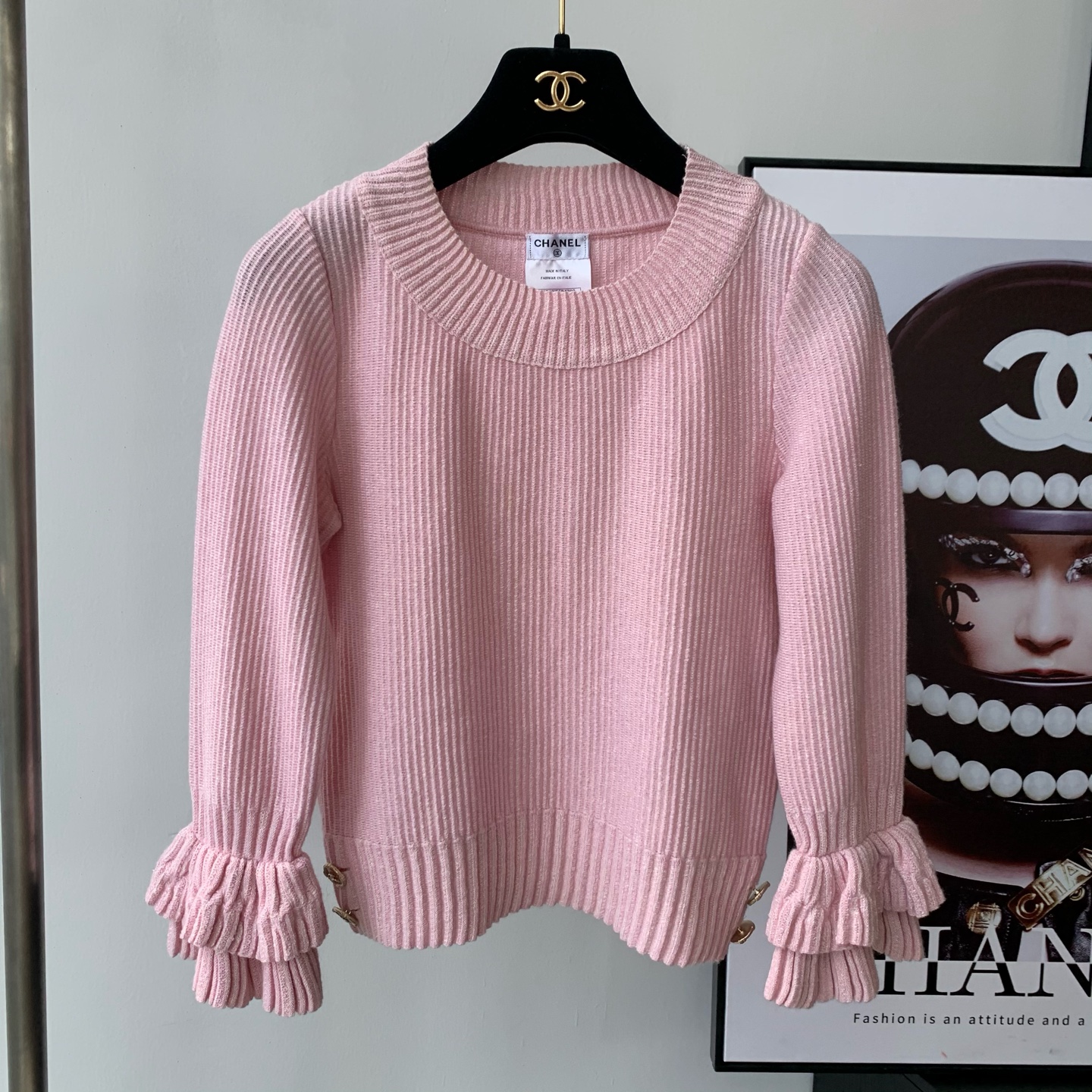 99新 Chanel/香奈儿 粉色针织喇叭袖上衣34码