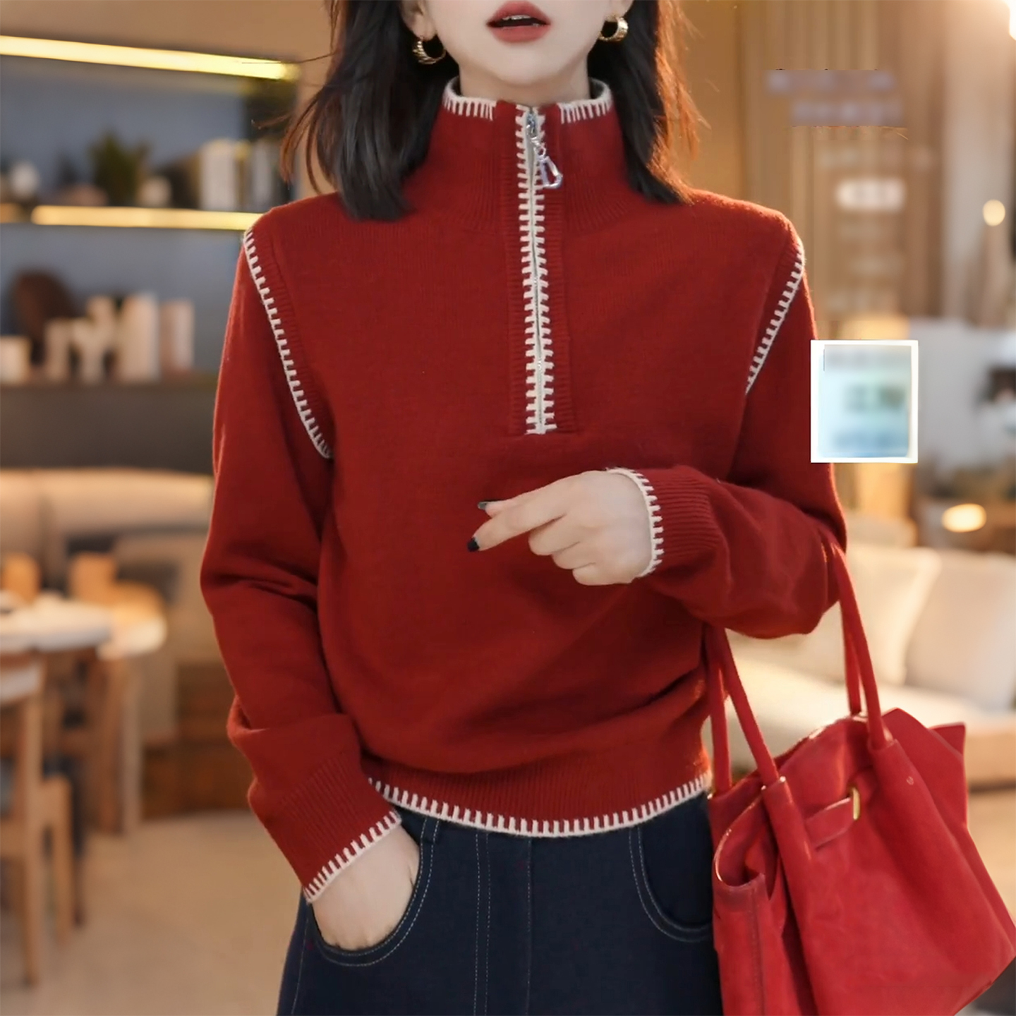 超好看立领长袖打底毛衣针织衫女秋冬季新款高级独特漂亮短款上衣
