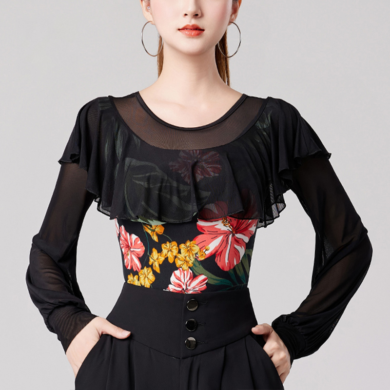 古典舞蹈服新中式成人上衣女夏跳舞练功服中长袖网纱荷叶边