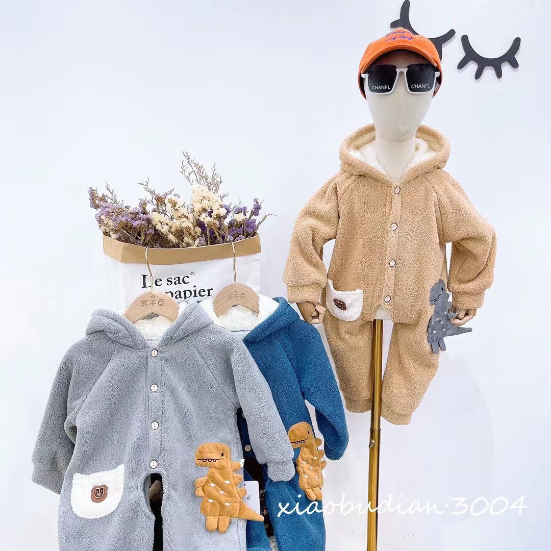 加厚女童加绒童装小童男家居服套装居家冬季连体宝宝连帽连体罩衣