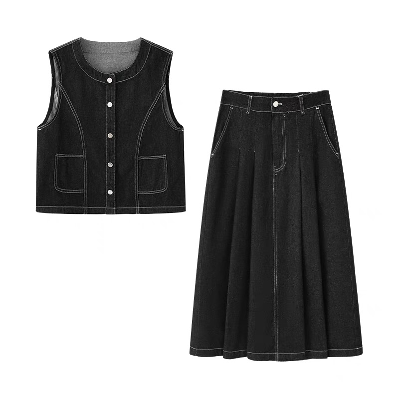 1538春季2025新款水洗百搭时尚休闲复古马甲牛仔裙套装