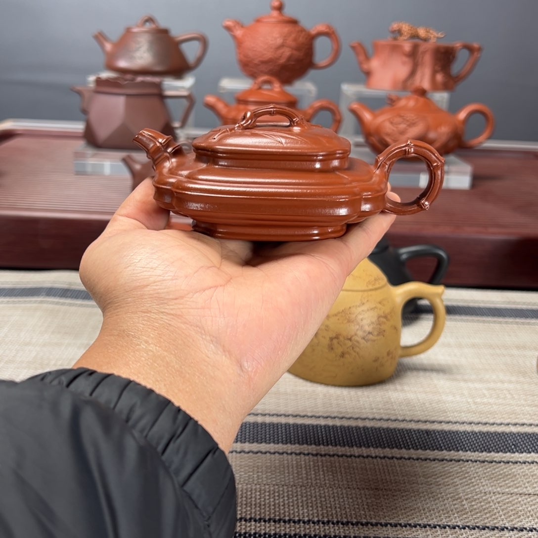 紫砂茶壶风*四方竹鼓120C朱泥