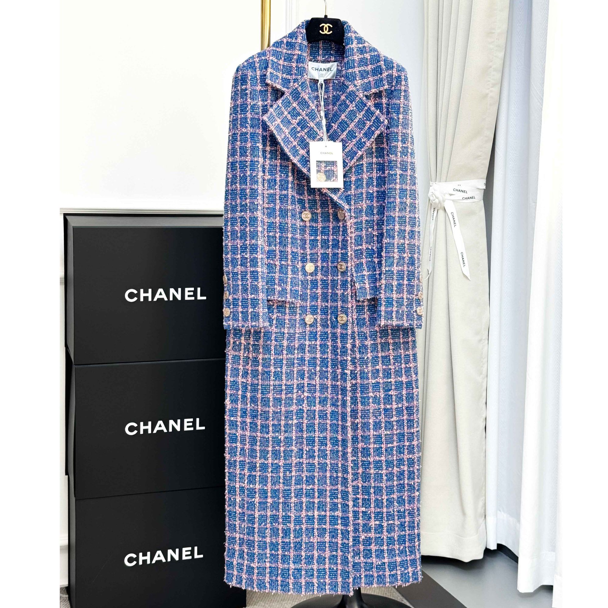 99新 Chanel/香奈儿 38码 深蓝色拼粉色 格子 长袖 长款外套