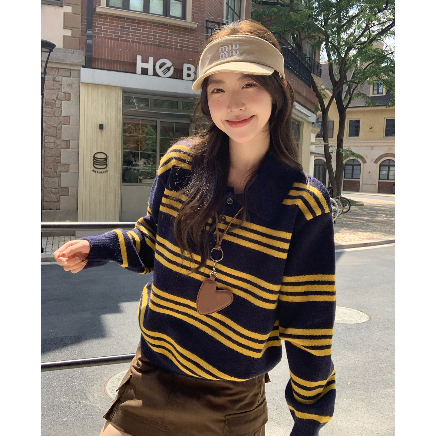 morning bloom条纹学院风翻领针织毛衣女秋冬软糯宽松polo领上衣