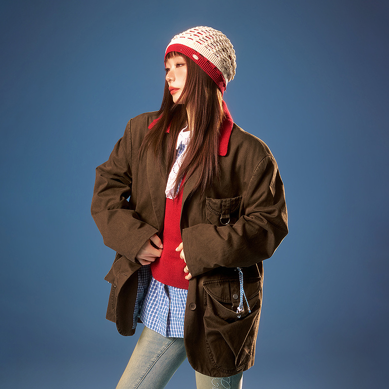 CHUU春季女装不对称工装宽松西装外套做旧复古学院风外套