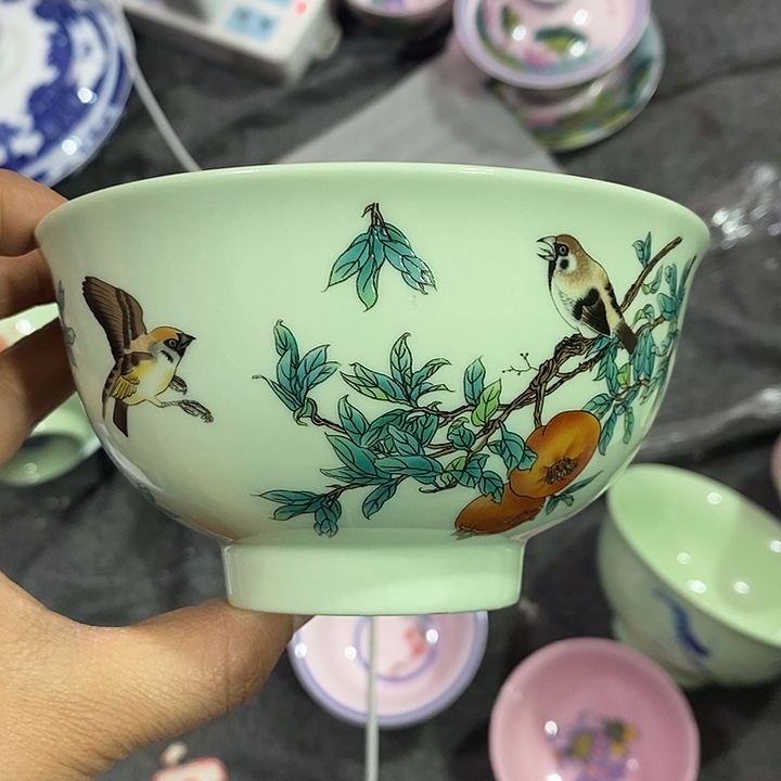 摆件陶5寸绿稀土石榴碗