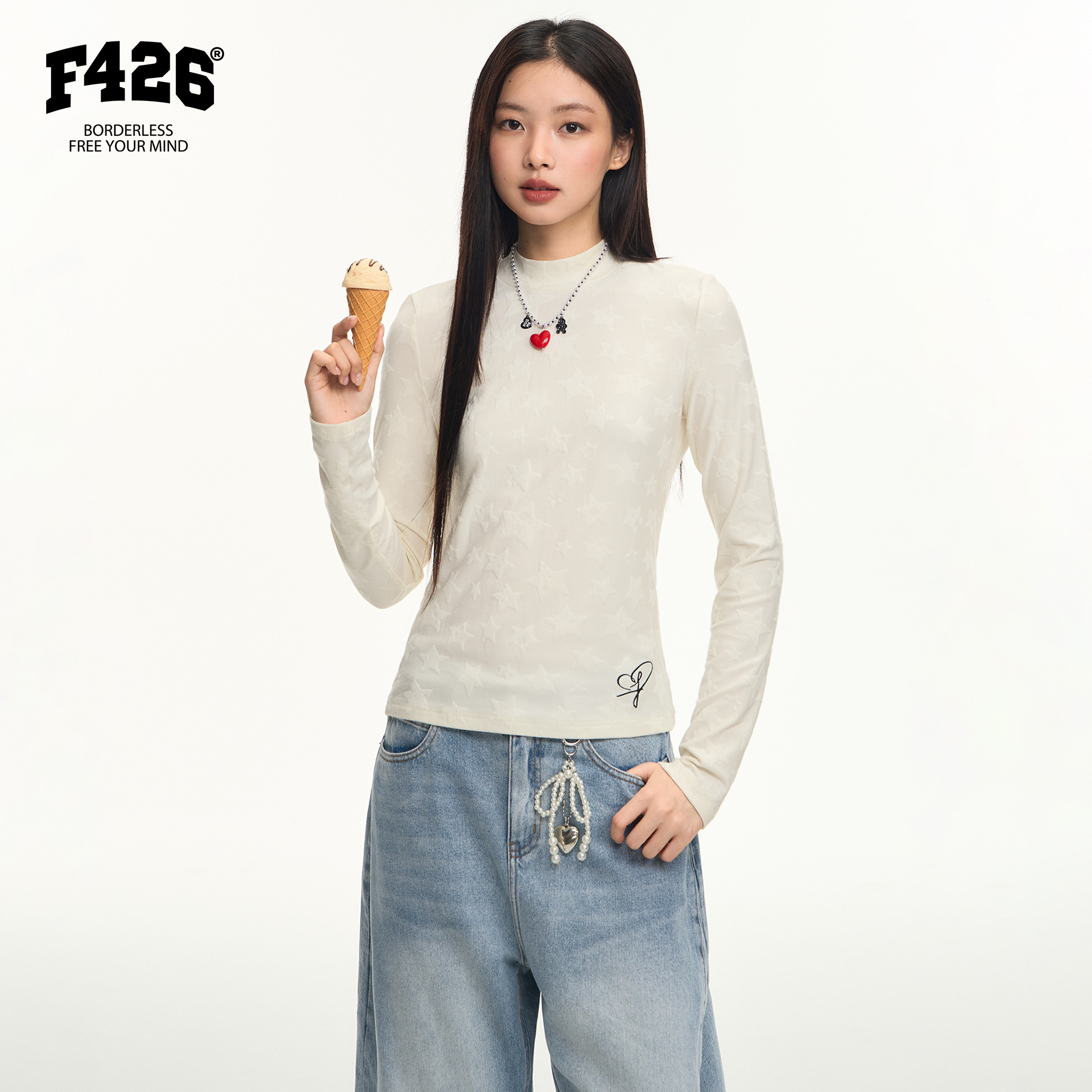 F426国潮牌五角星提花肌理半高领打底衫长袖修身内搭7727