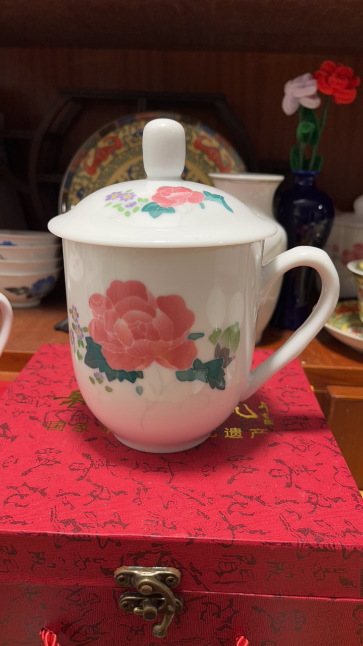 釉下五彩手绘芙蓉花老板杯@办公杯@500毫升