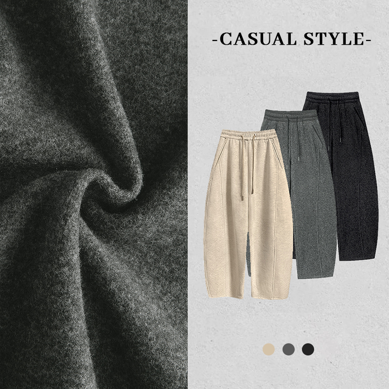 老钱风秋冬羊毛加绒加厚一条过冬花纱杂色显瘦休闲阔腿裤弯刀裤