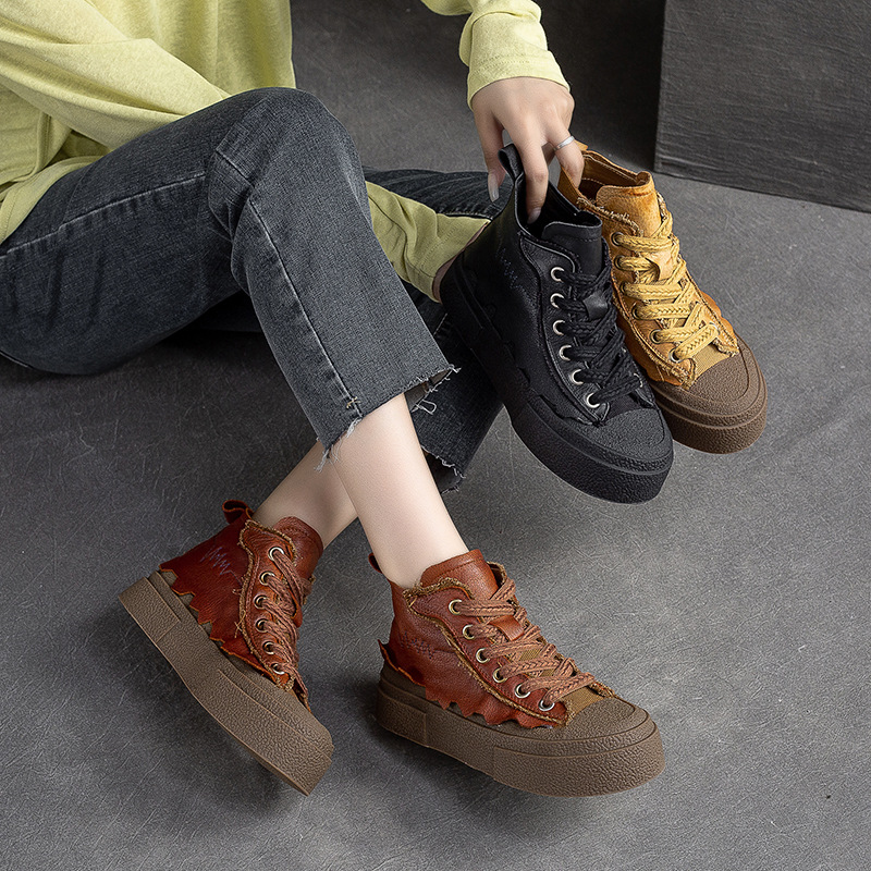 上海杰骤秋冬新款高帮前系带单鞋复古平底H6-2386-1