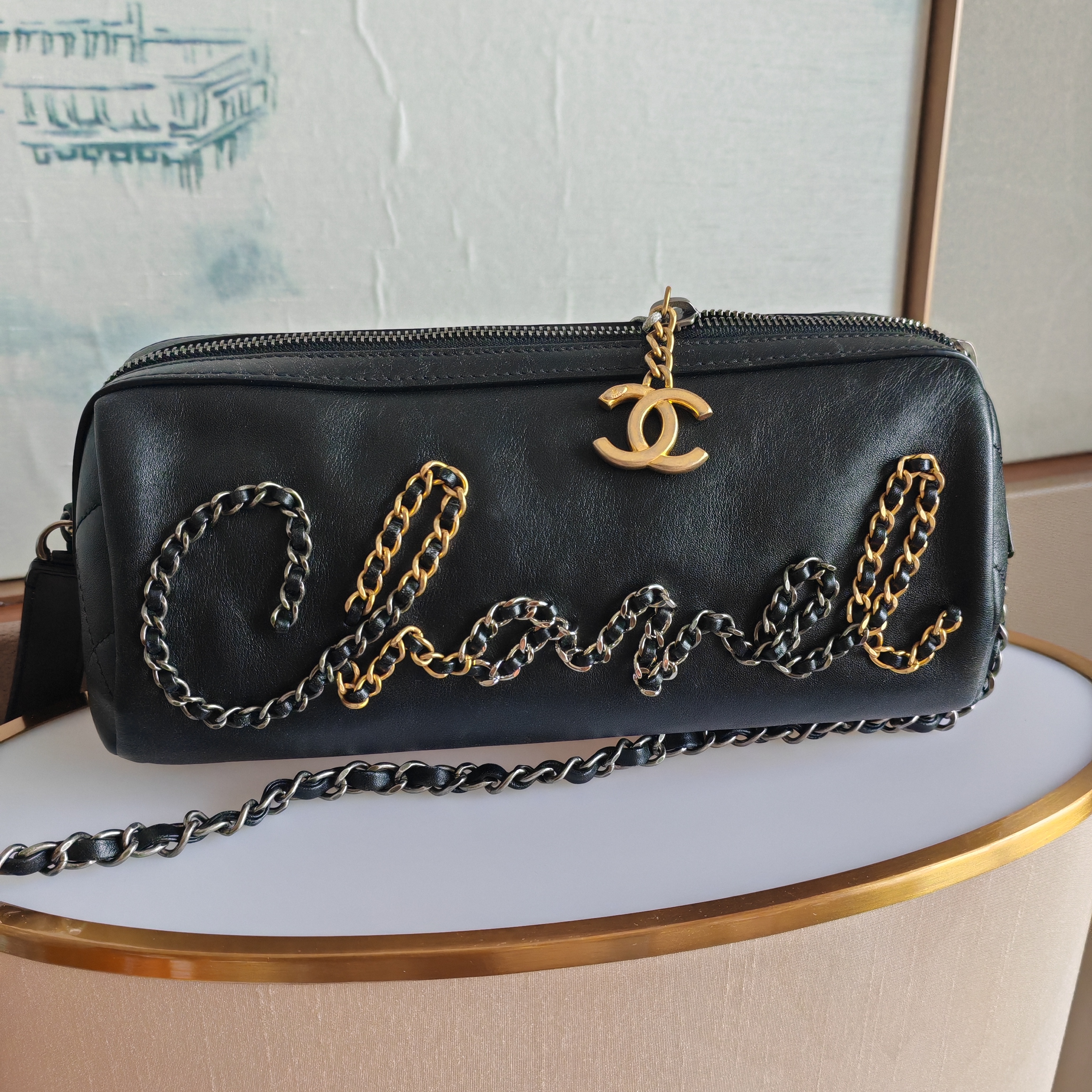 99新 Chanel/香奈儿 黑金波士顿圆筒包链条包斜挎包