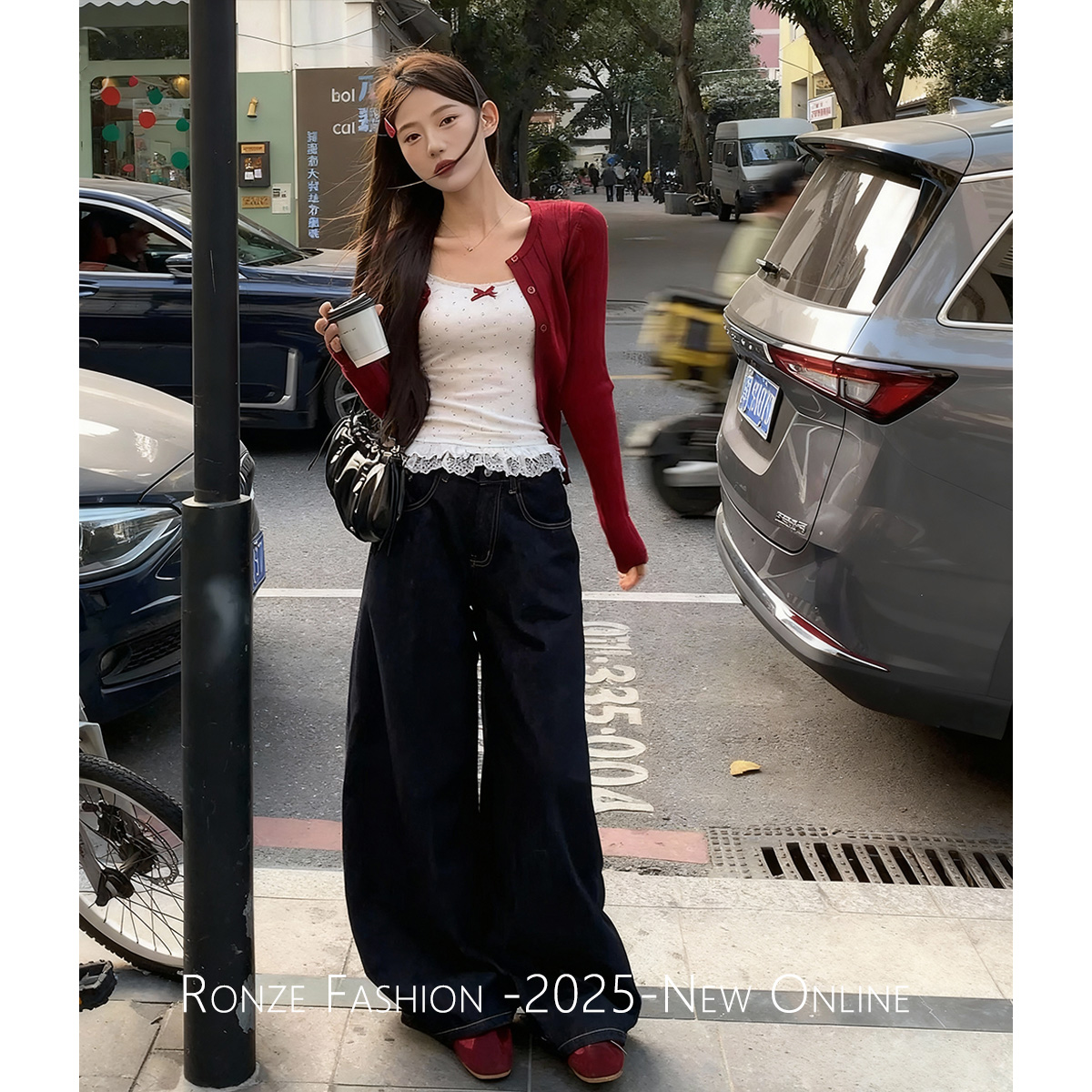 美式原牛ins风阔腿牛仔裤女百搭极简风老钱风蓝灰色加绒加厚牛仔