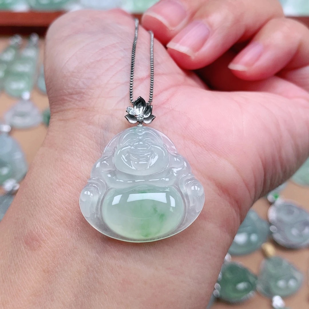 翡翠A货 18k金扣头冰润冰飘绿佛公吊坠 