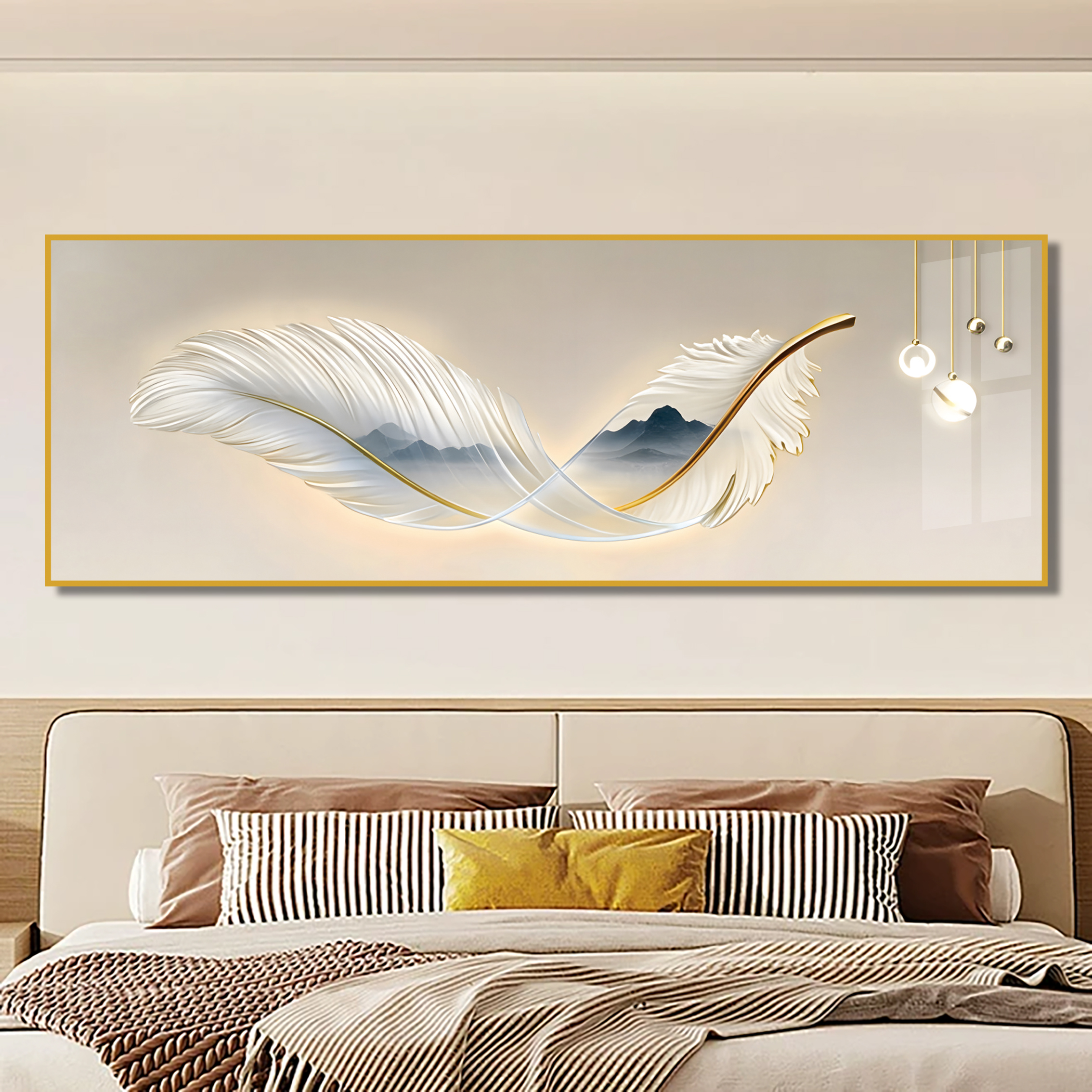 JHC80羽间山岚简约羽毛装饰画客厅卧室床头背景金色金属边框128M