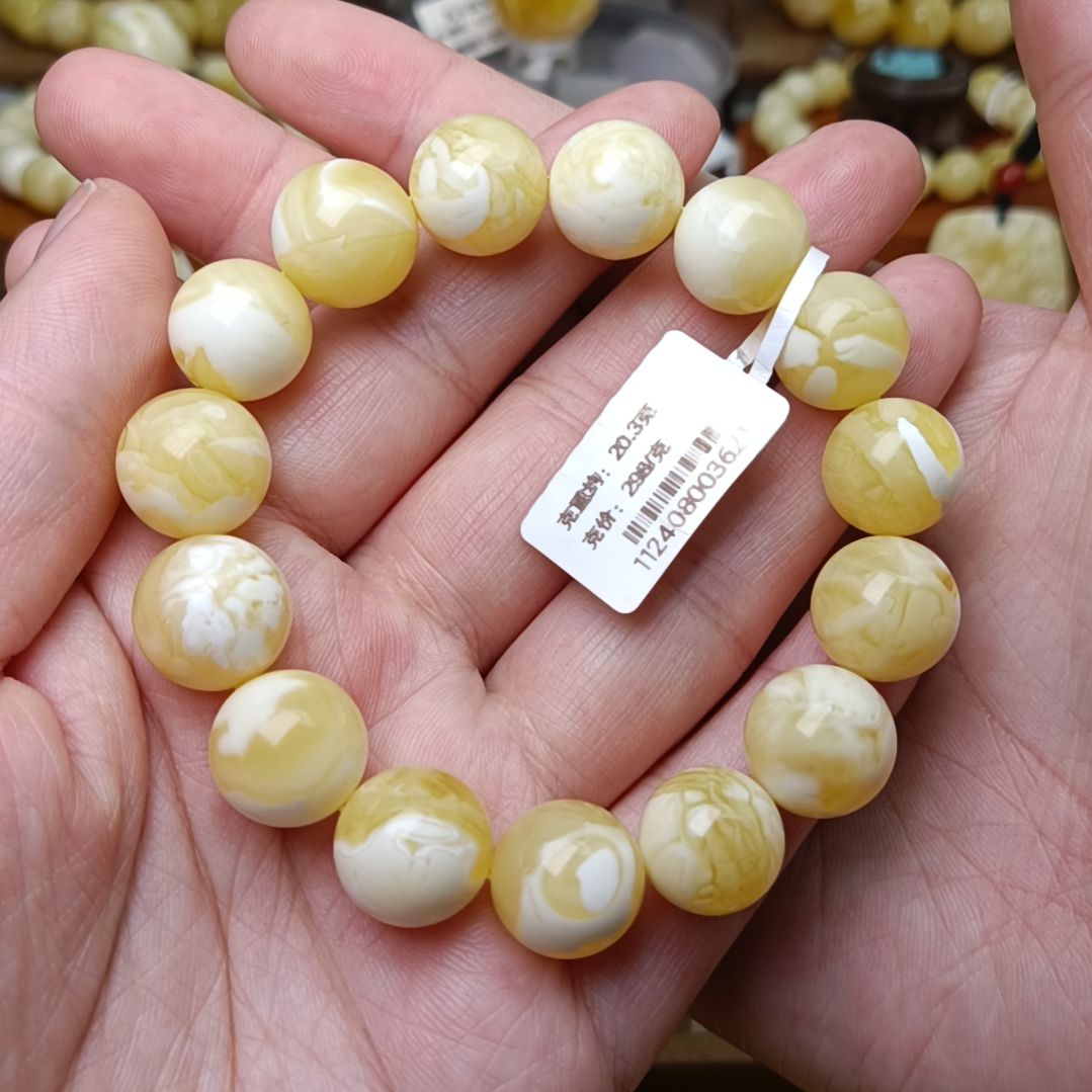 蜜蜡手链未镶嵌13圆珠白蜡花蜡