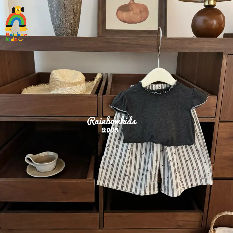【彩虹家】2025夏款木耳边短袖T恤宽松条纹休闲裤套装-88398