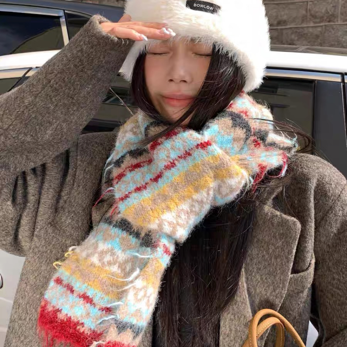 费尔岛提花复古针织羊毛围巾女冬季韩系氛围感加厚保暖毛线围脖