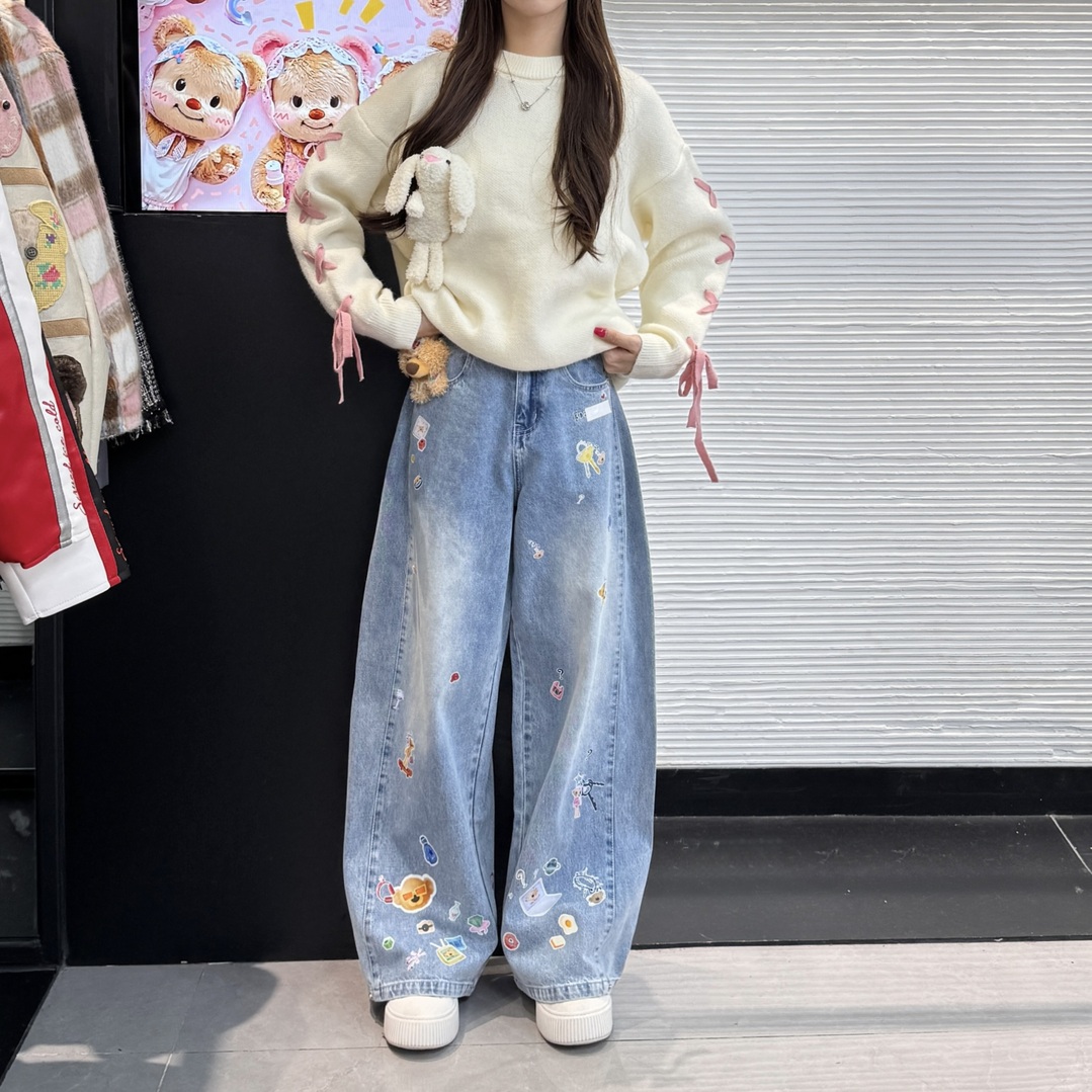 【 妙趣横生】冬季新款显瘦高腰休闲百搭宽松贴纸印花阔腿裤（247