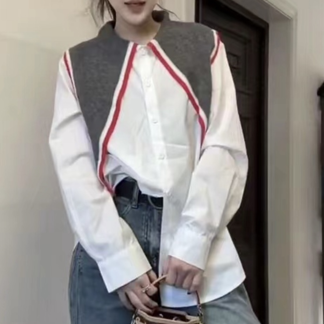 欧洲站2025早春新款拼接娃娃领衬衫女时尚洋气宽松中长款长袖上衣