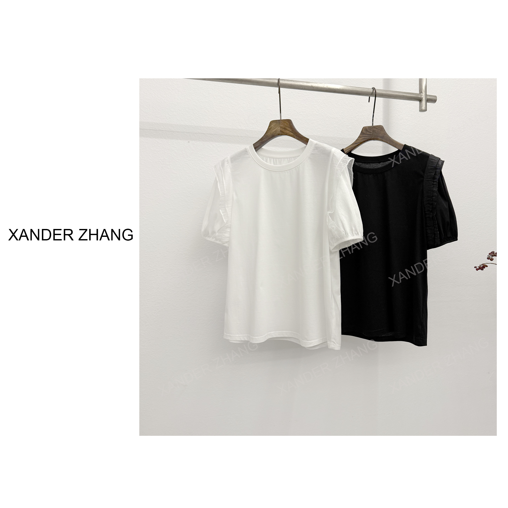 山大张极简显瘦荷叶边泡泡袖T恤YBT1J437减龄百搭显瘦