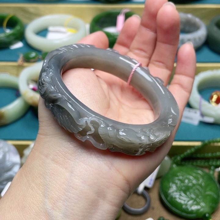 和田玉手镯54+圈口 编号43银S925镶嵌