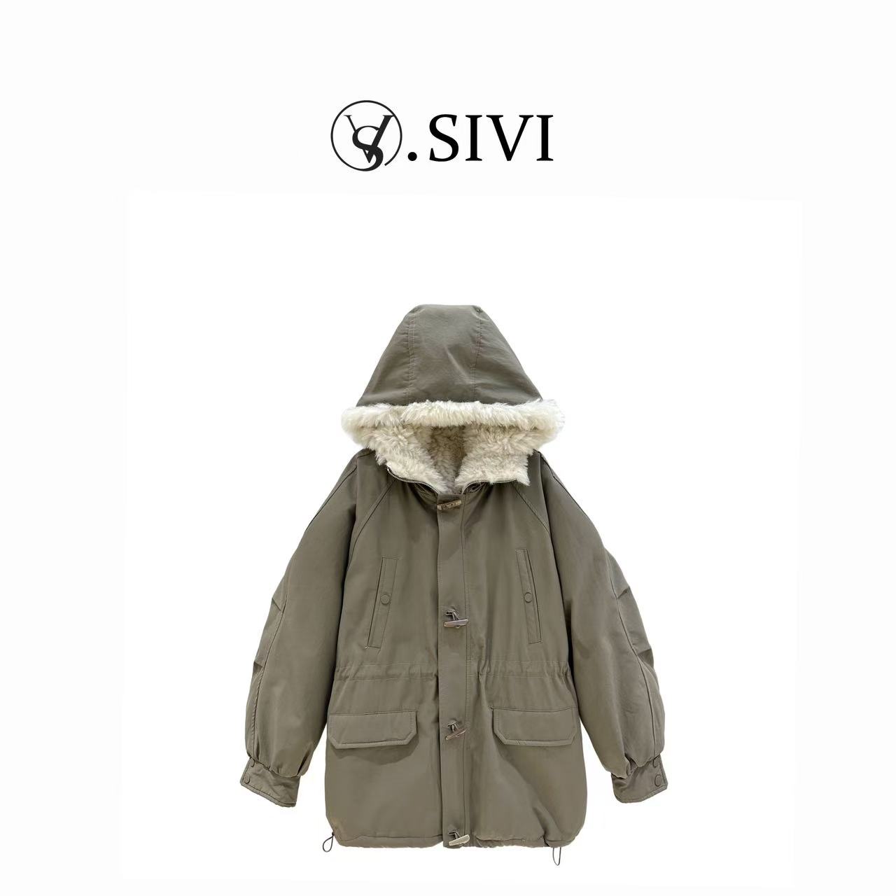 熙薇【电影滤镜】欧洲站牛角扣加厚连帽收腰保暖派克服F7682