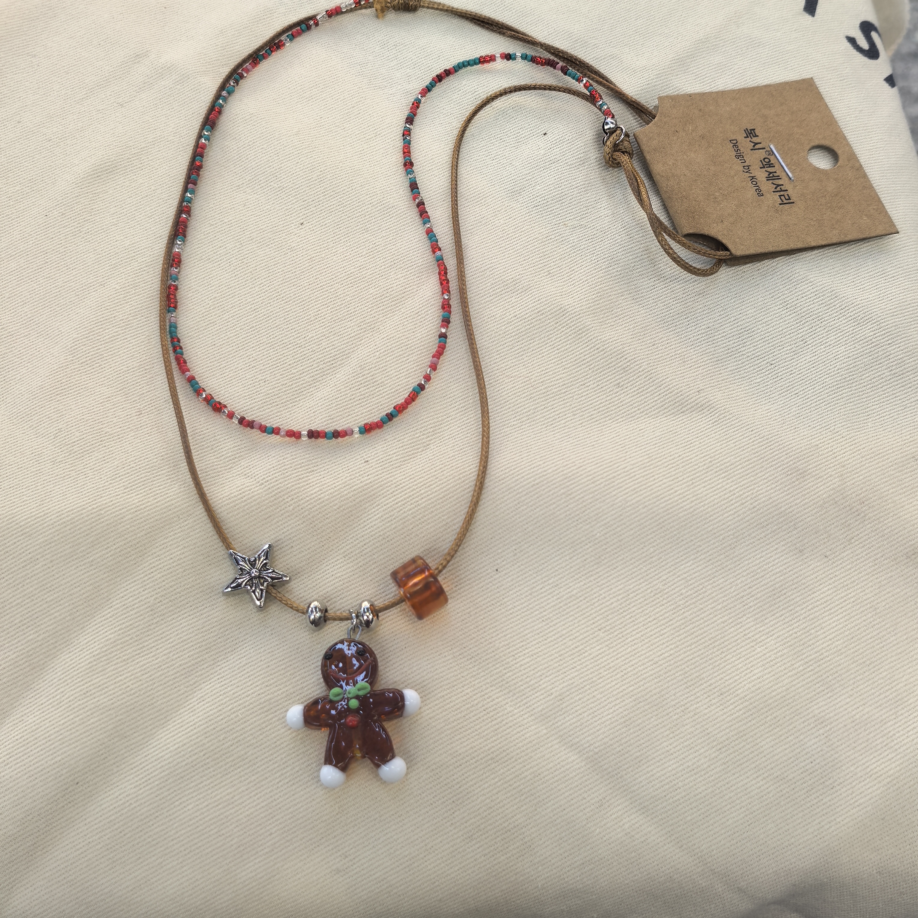 B732咖色姜饼人串珠皮绳双链项链