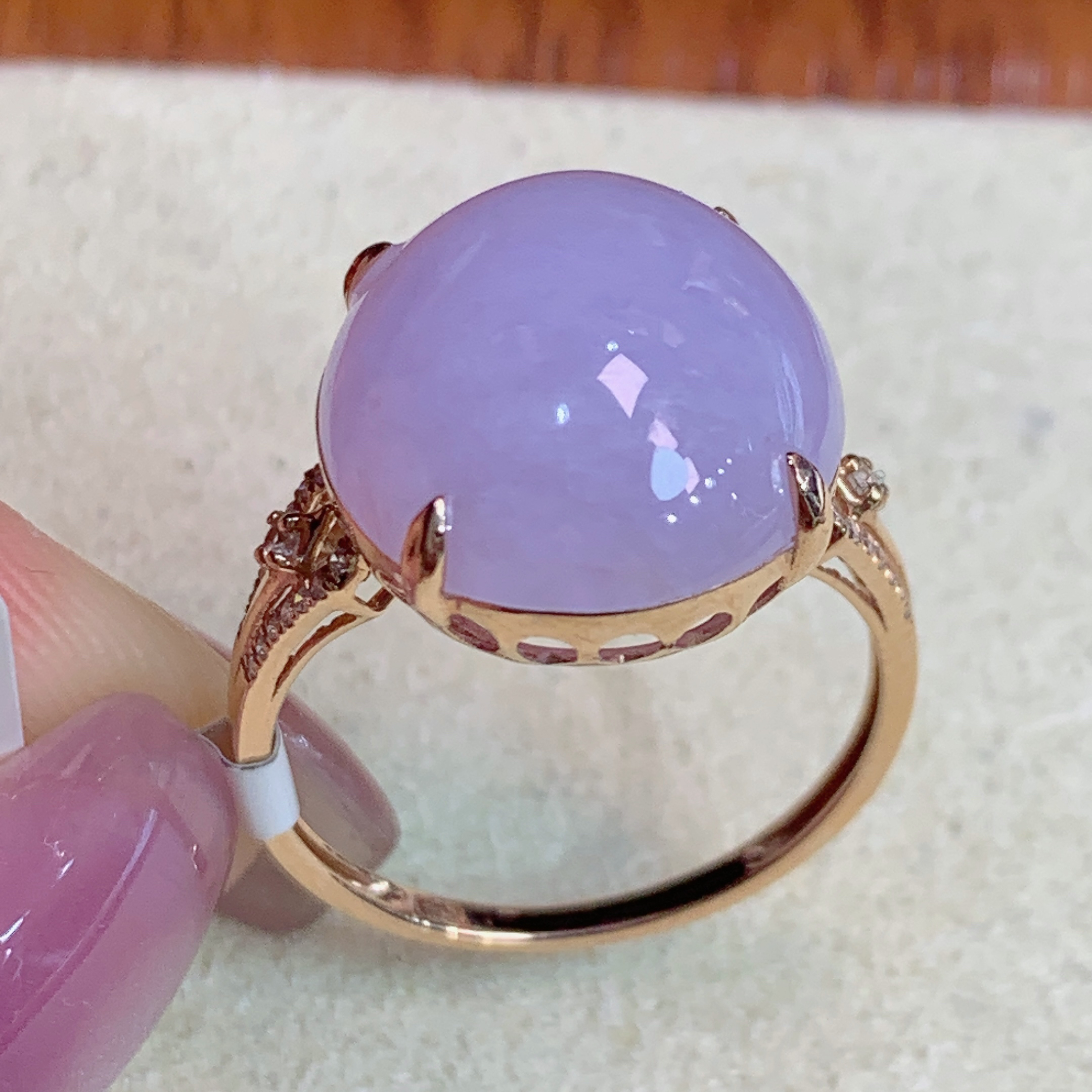 天然缅甸A货翡翠18k金浓紫罗兰蛋面戒指j卡15.2/13.5/6mm