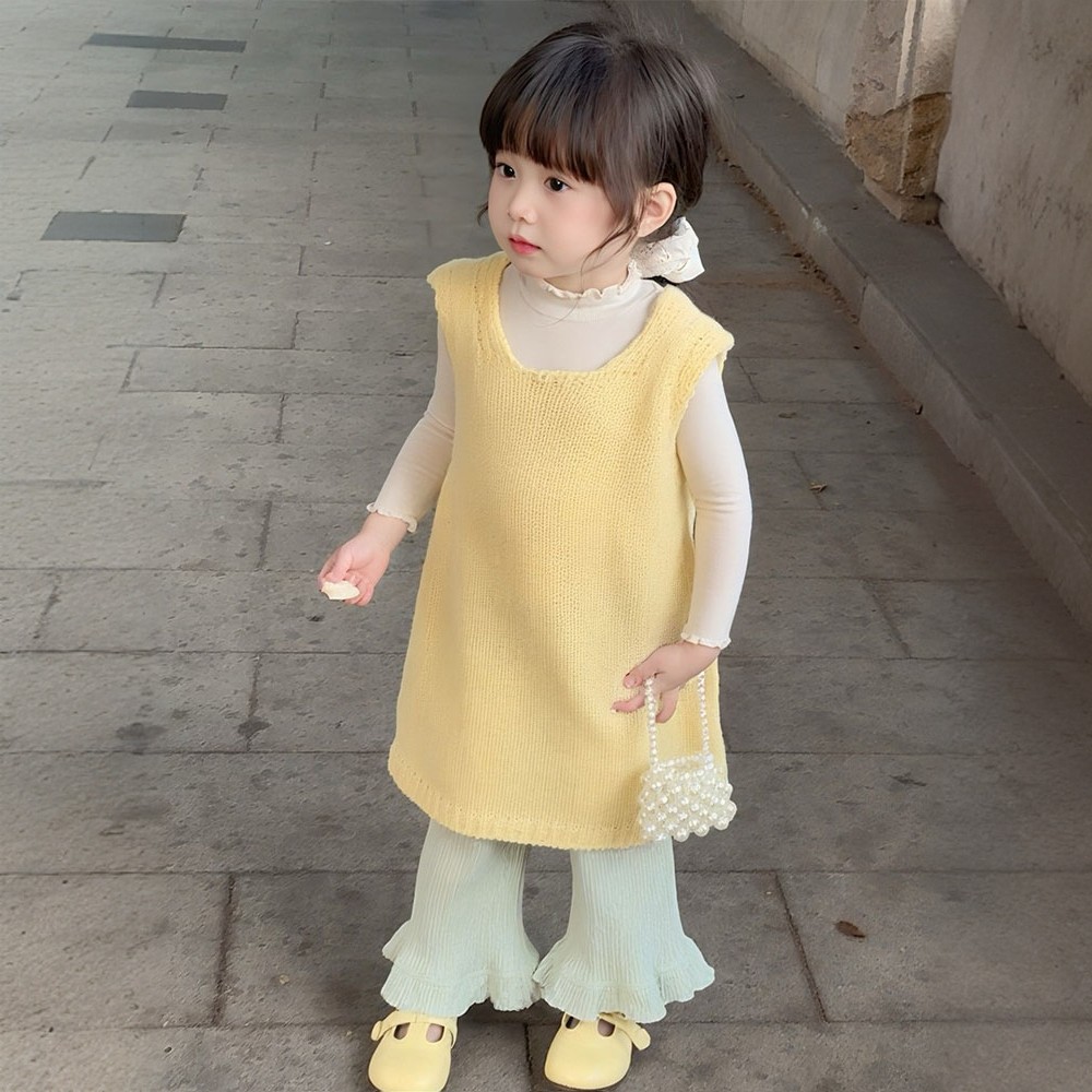 2025秋季新款女童韩版纯色毛衣连衣裙中小童毛衣针织裙甜美花边裤