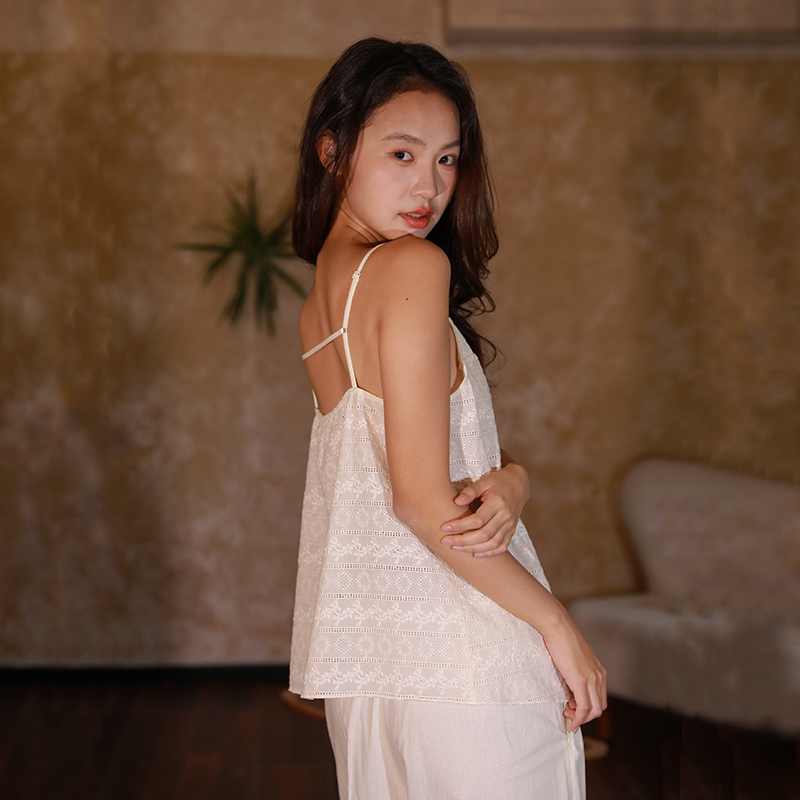 朵朵可可睡衣女2026春夏新款全棉吊带长裤白色性感居家套装188