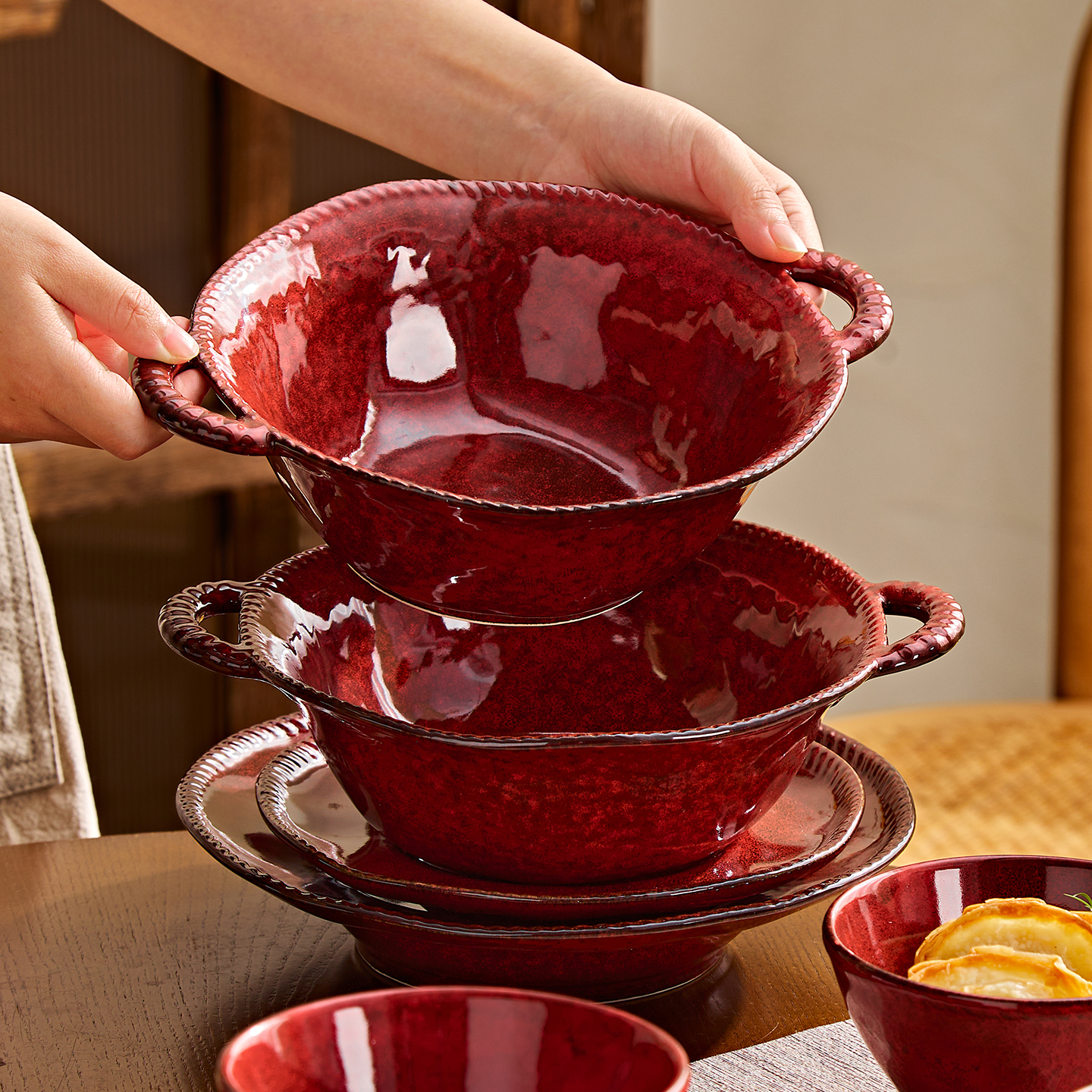 红色复古家用双耳碗景德镇釉下彩陶瓷碗盘餐具盛汤汤盘大容量加厚