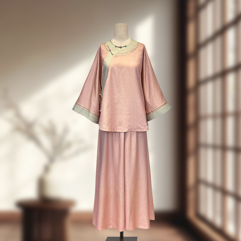 月下微凉  胭脂海棠织桑蚕丝复古中式宽松版斜襟清汉女氅衣