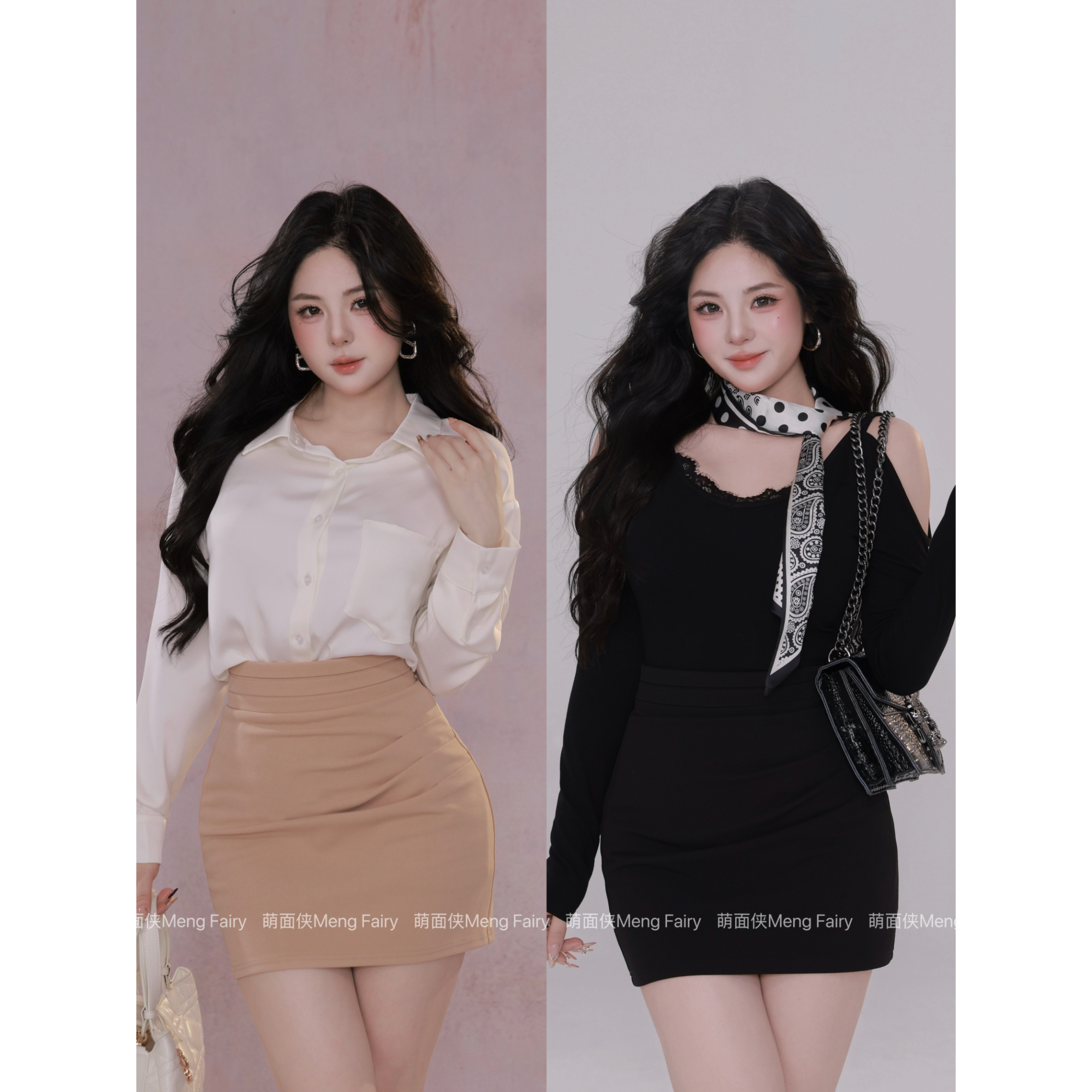 MengFairy 【超掐腰半裙】高腰黑色气质半裙套装欧若风5485M5332M