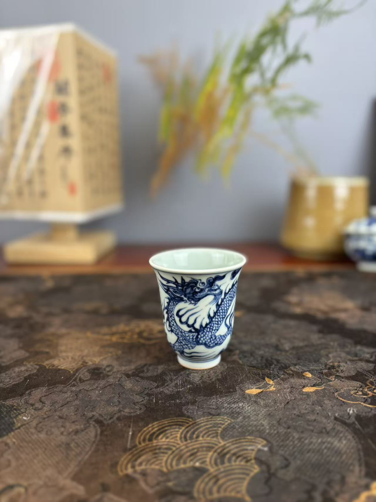 青花龙穿祥云闻香杯 纯手工手绘 承元意窑制