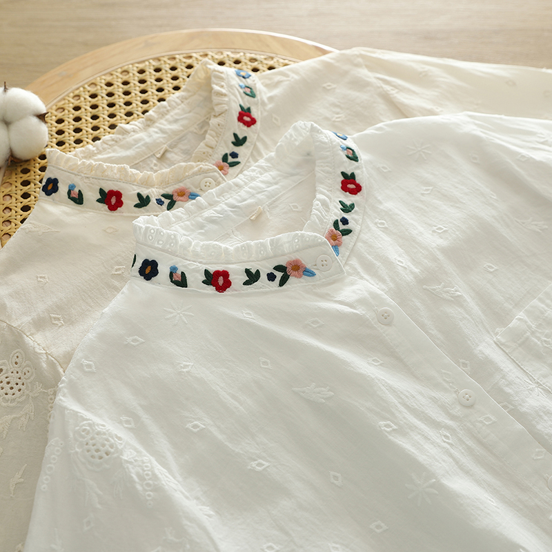 6601全棉提花刺绣衬衫女宽松百搭文艺绣花秋装柔软打底衬衣长袖