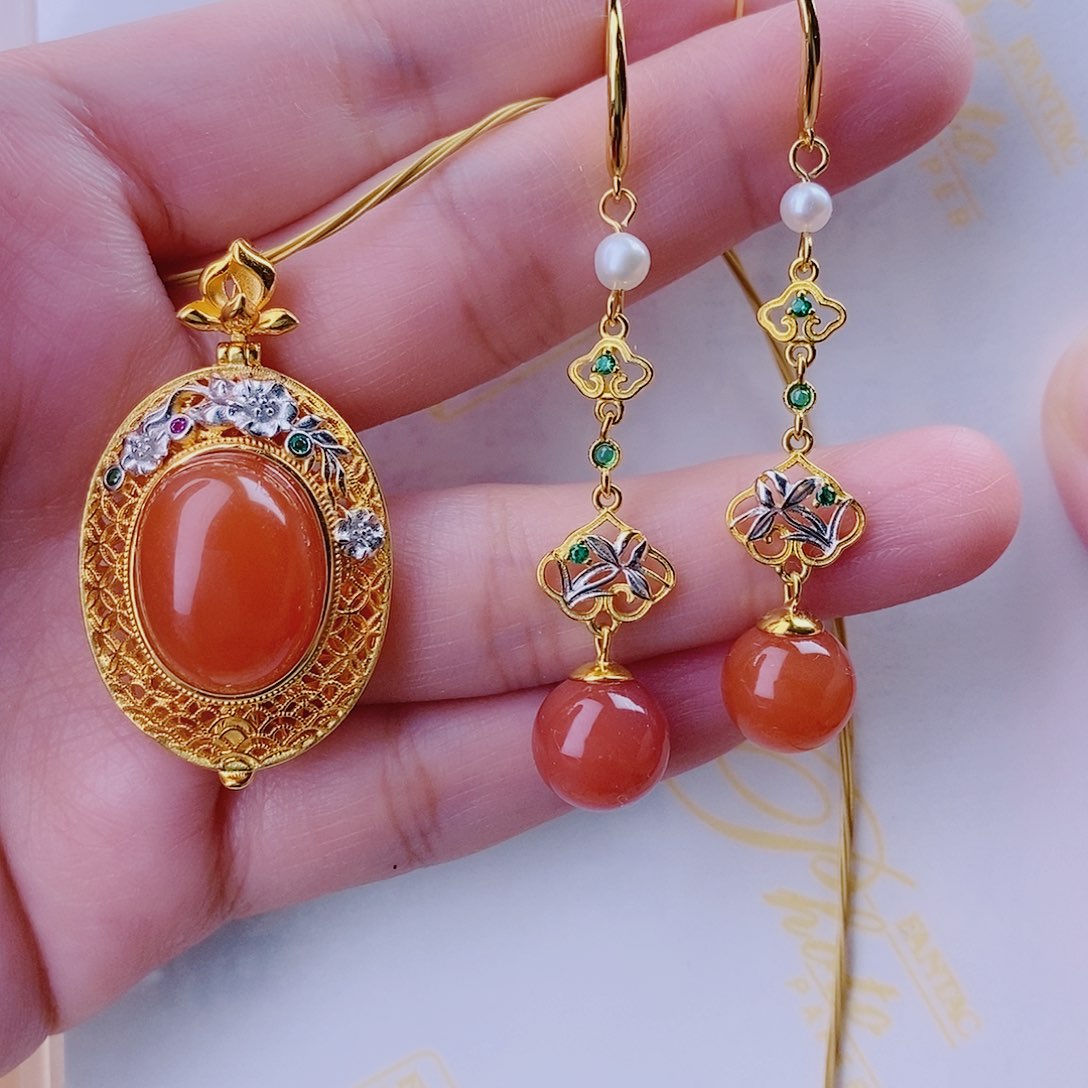 南红玛瑙套装银S925镀金镶嵌