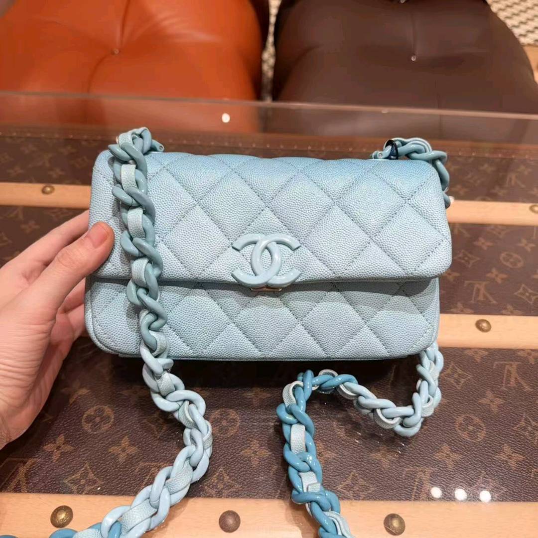 未使用 Chanel/香奈儿 24C渐变蓝CF大mini荔枝牛皮单肩斜挎链条包