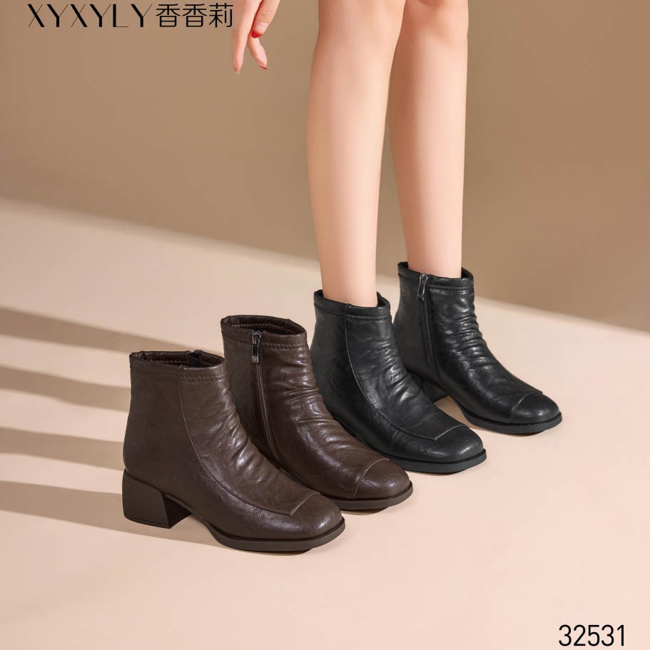 香香莉女鞋2025冬季新款32531粗跟短靴加绒保暖马丁靴百搭瘦瘦靴