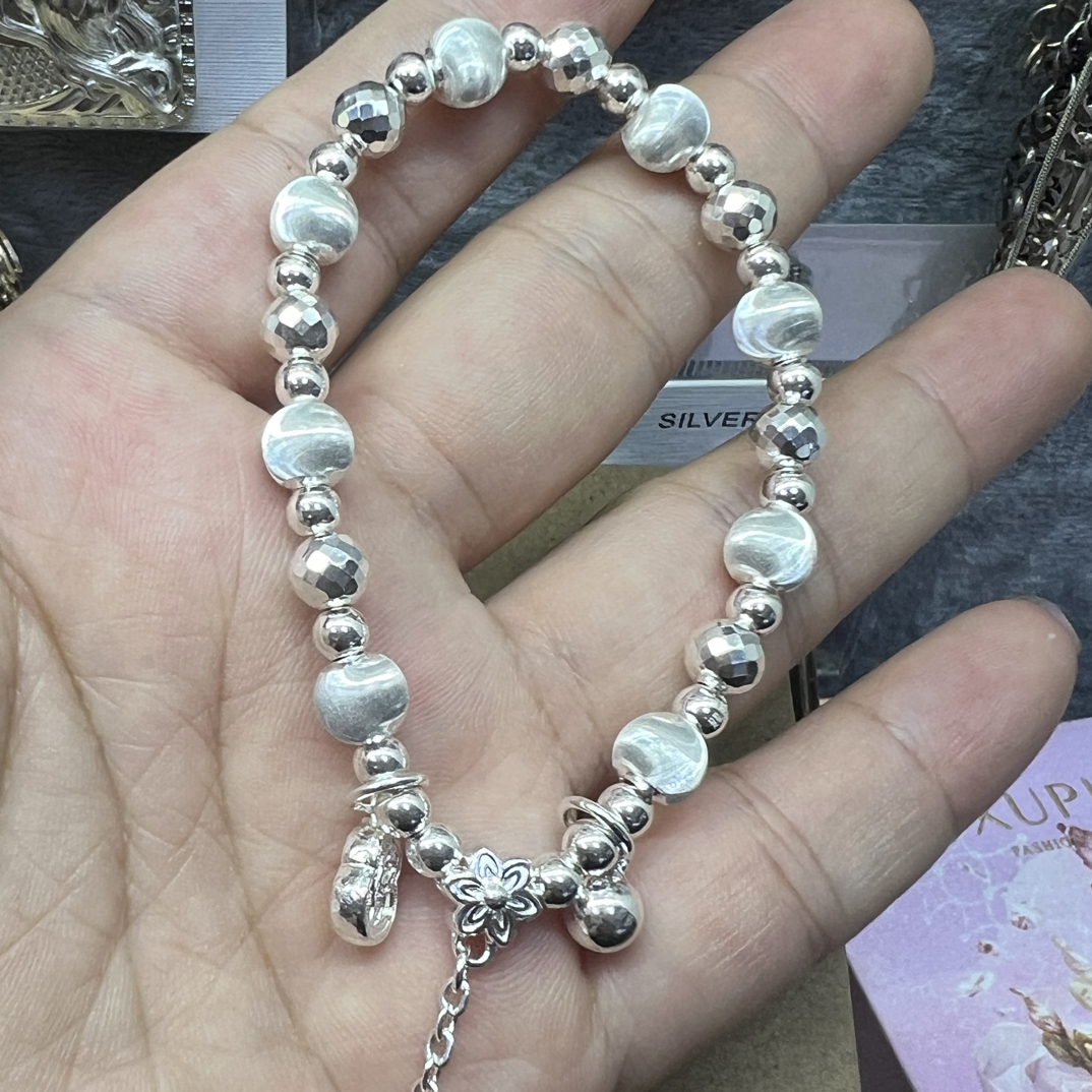 足银手链 纯银990猫眼珠手链小银珠超闪搭配小花和蝴蝶结吊坠