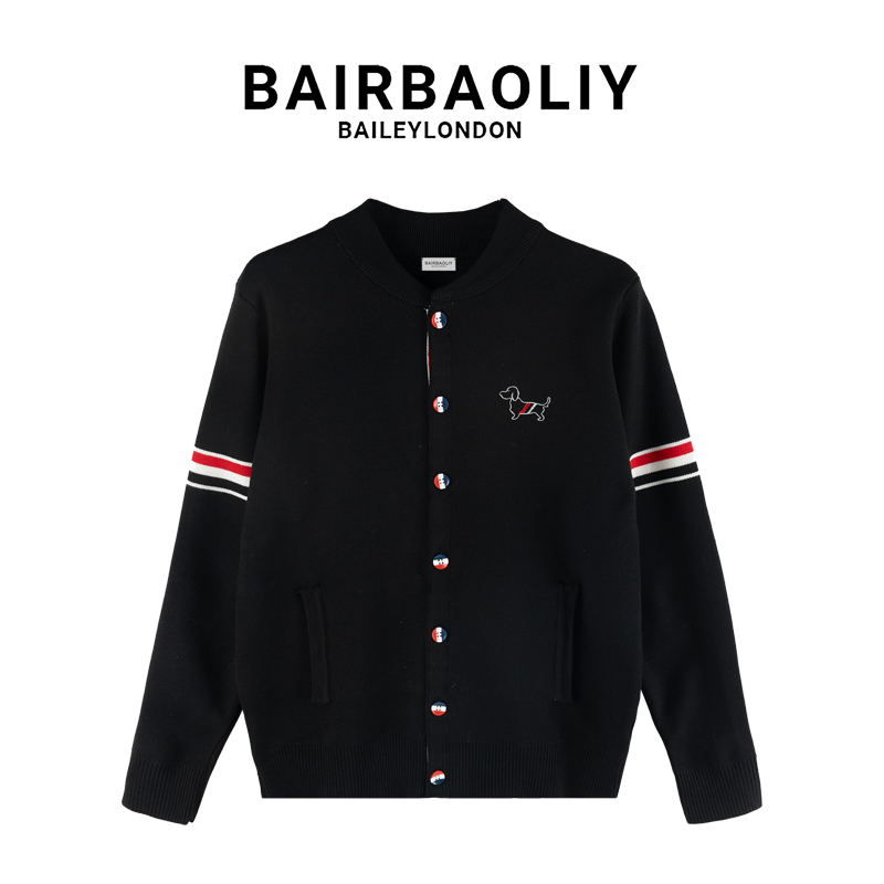 BAIRBAOLIY轻奢高级刺绣小狗软糯舒适针织衫秋冬拼色条纹开衫毛衣