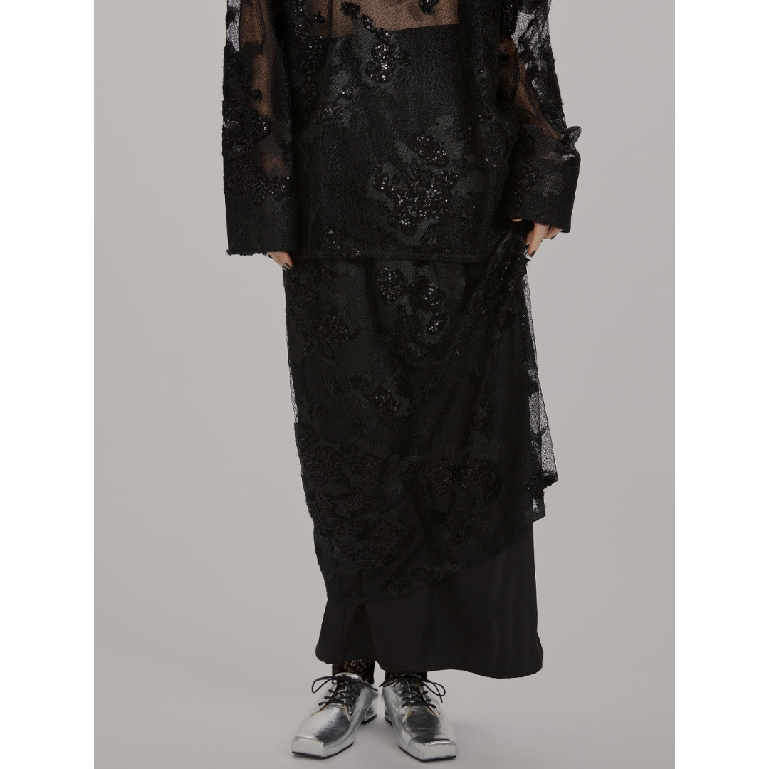 【Montendre】 春季新款 代 重工蕾丝刺绣薄纱亮片半身裙