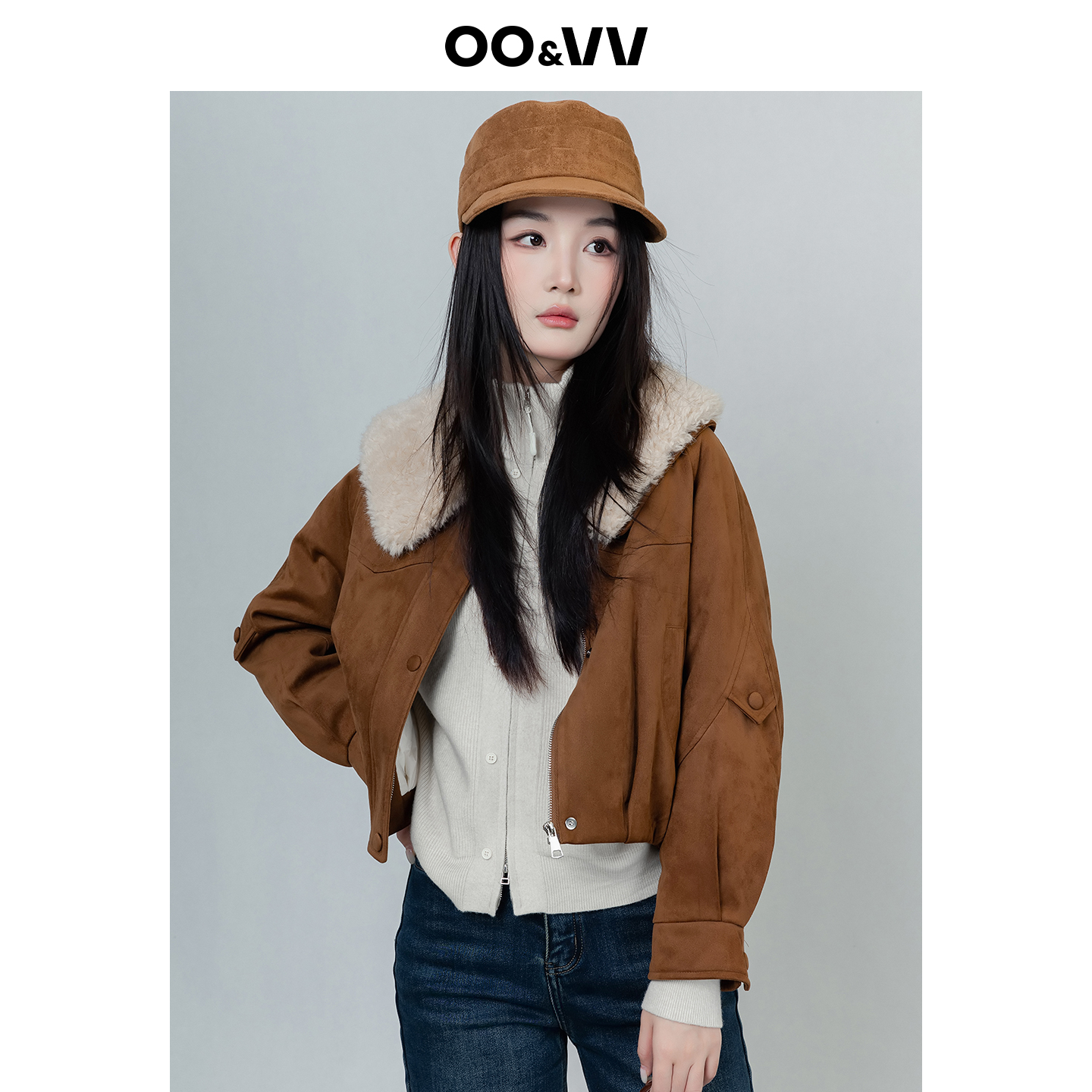 OO&VV美拉德风仿麂皮大毛领外套女2025冬内充羽绒短外套复古夹克
