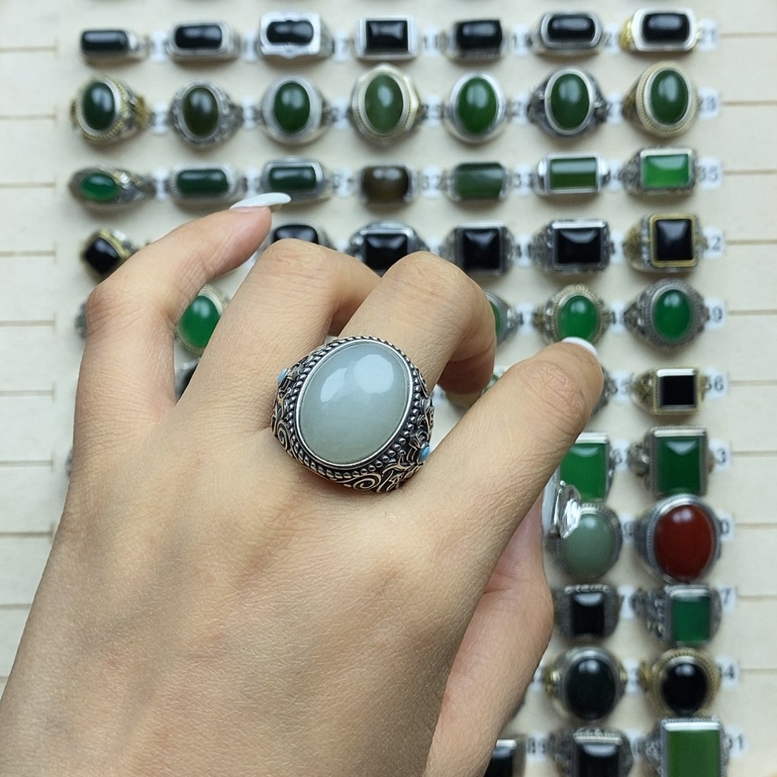 和田玉戒指银S925镶嵌