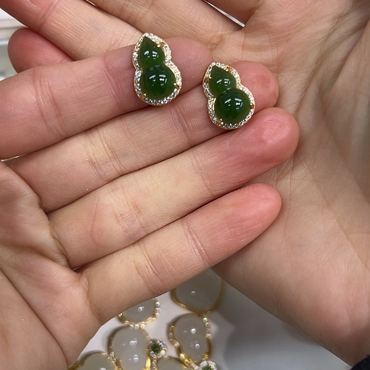 &***&和田玉银S925镶嵌耳饰