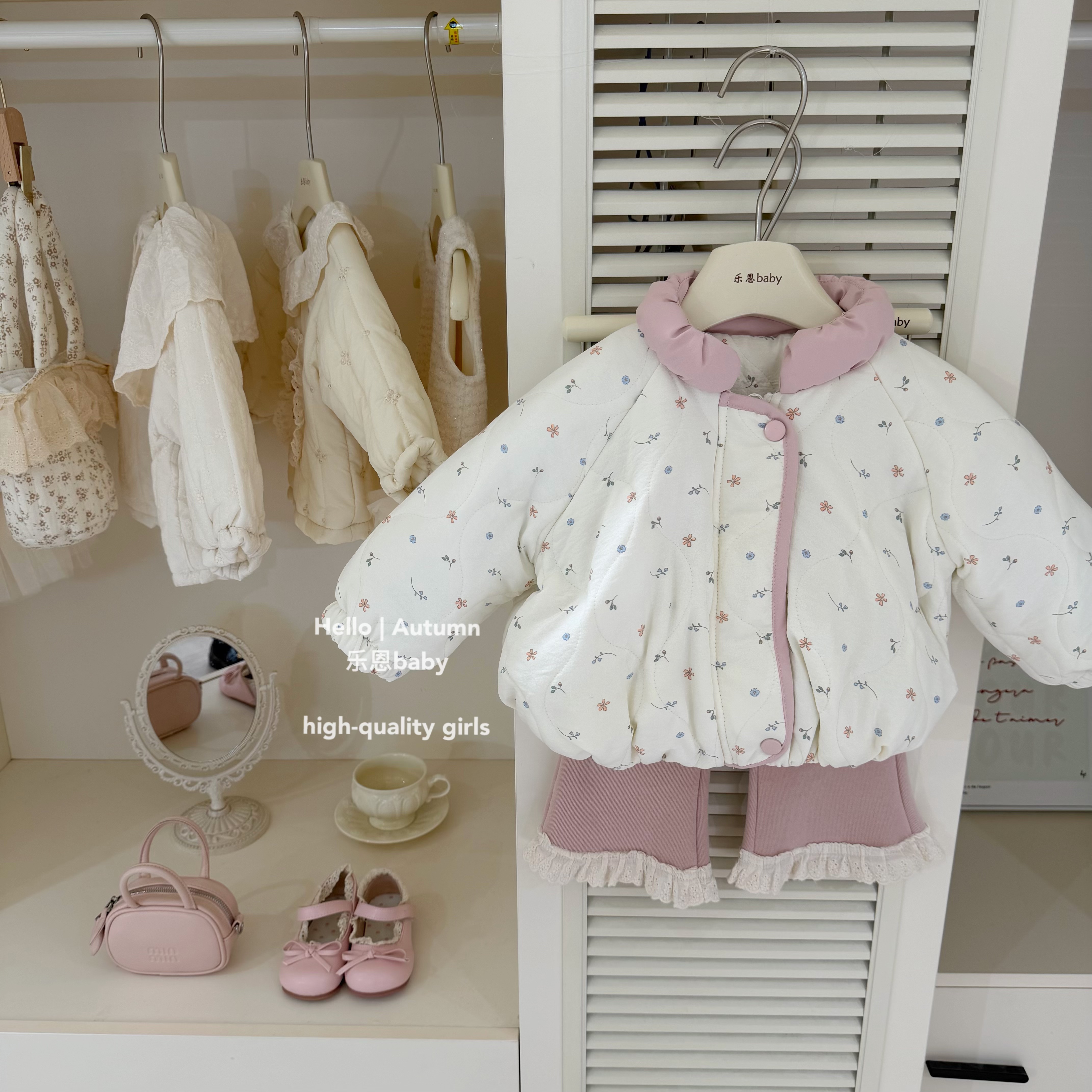 【乐恩童装】原创设计冬季女童粉色碎花夹棉外套韩版厚款宝宝棉服