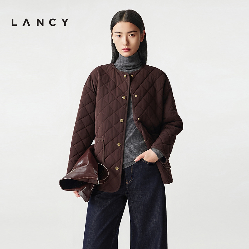 LANCY/朗姿2025年冬新款简约百搭圆领棉衣廓形菱格短款棉服外套女
