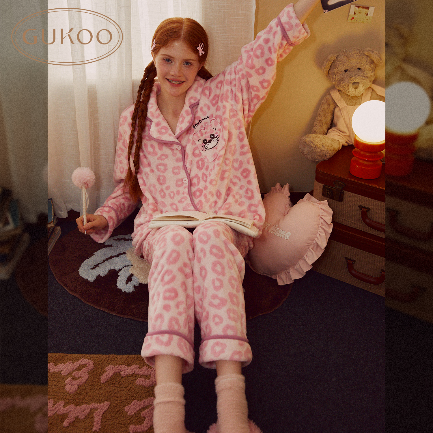 【Gukoo果壳】睡衣粉色豹纹满印冬款牛奶绒女士家居服套装加厚保暖