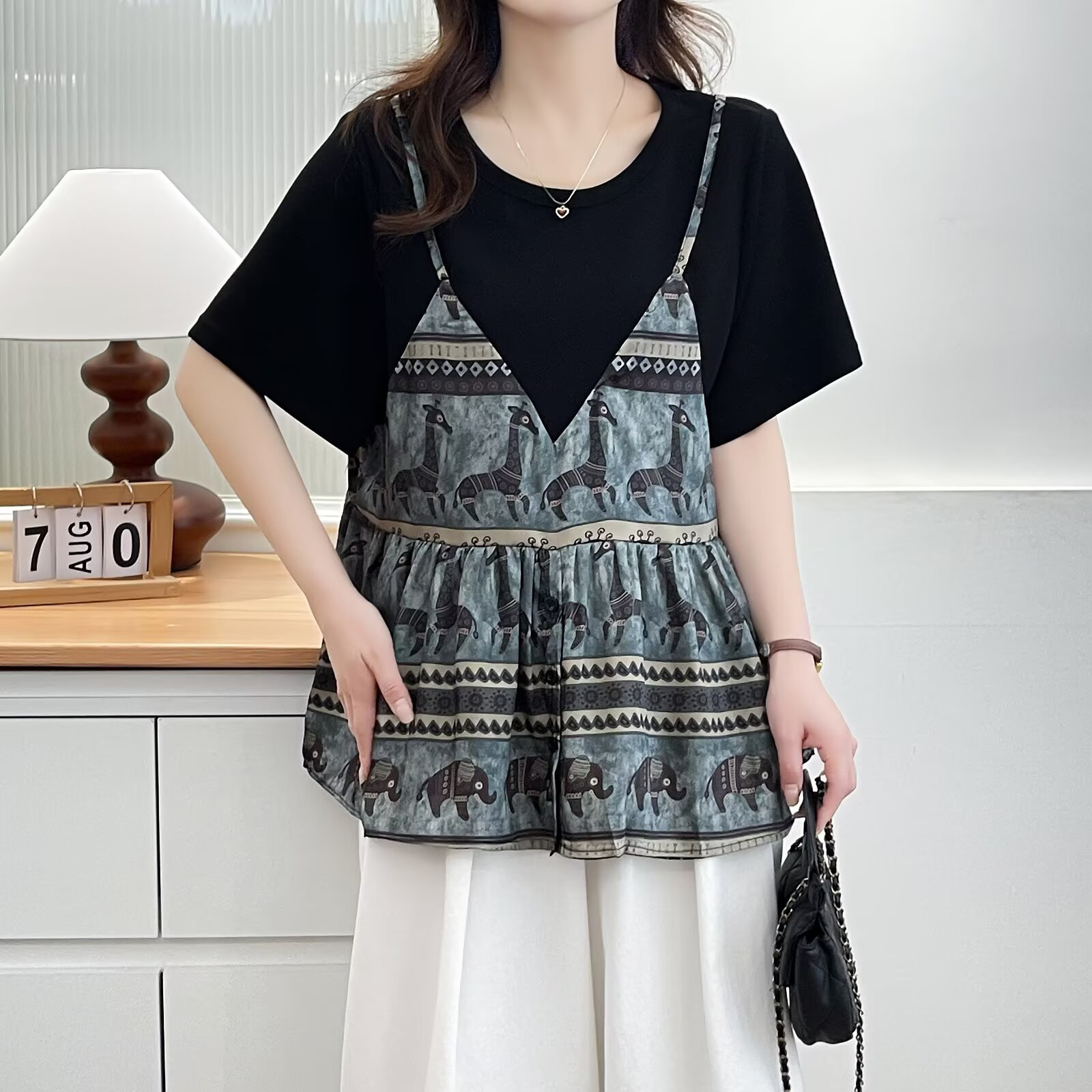 5107夏装新款胖mm大码女时尚复古小众印花拼接假两件短袖体恤DNG