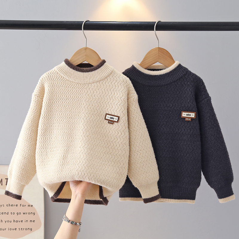 儿童毛衣圆领简约男童针织衫圆领2025秋冬装中小童上衣纯色毛线衣