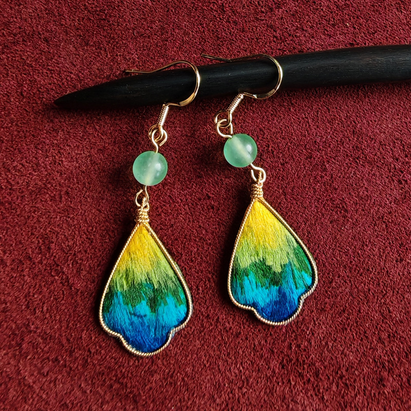 合金耳饰 千里江山耳环非遗绒花日常旗袍配饰纯手工百搭气质古风